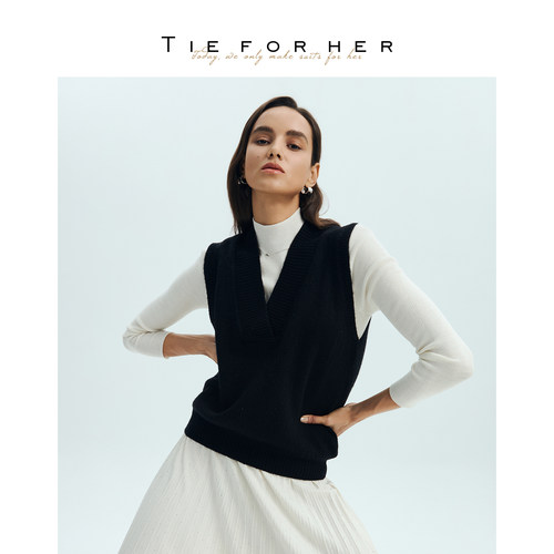 【会员专享】TIE FOR HER星空黑V领丝毛羊绒马甲