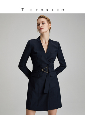 TieForHer Leon羊毛西装连衣裙 显瘦收腰藏青色 气质通勤明星款