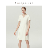 白色V领设计感短袖 TieForHer 暮光岛屿 简约气质通勤连衣裙女