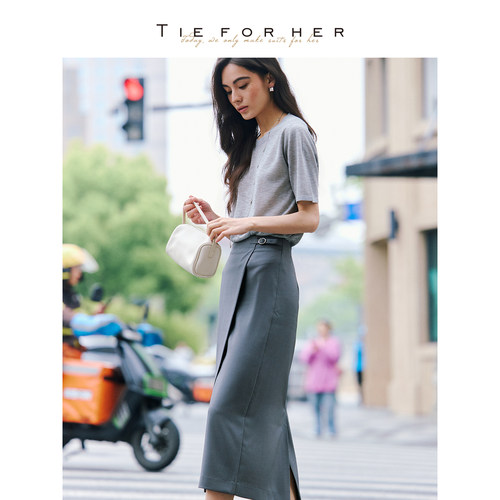 TieForHer 夏季新款灰色深藏青中长直筒半身裙女气质通勤百搭长裙