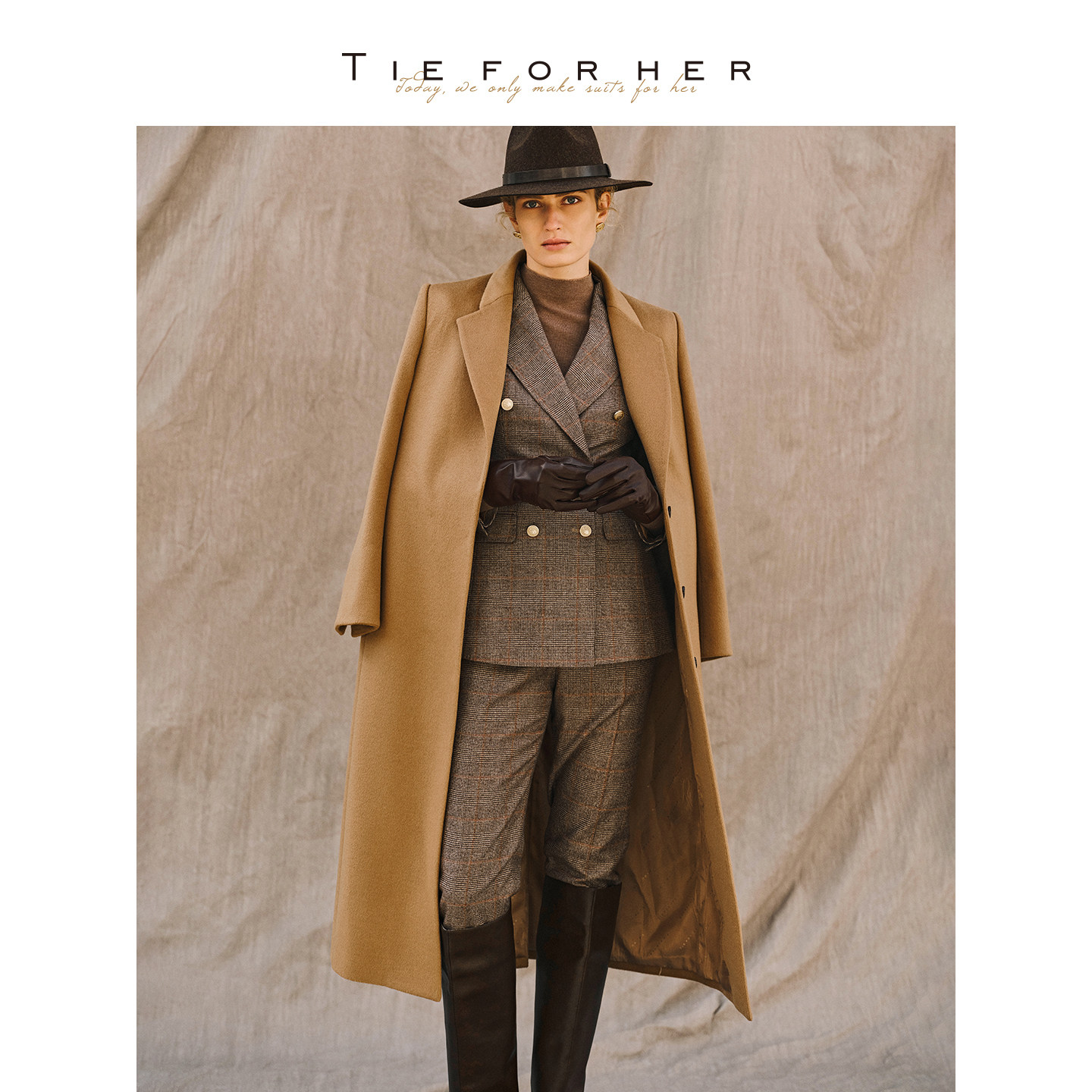 TieForHer WGC系列 白金大衣翻领单排扣羊毛羊绒H型高级感长款女