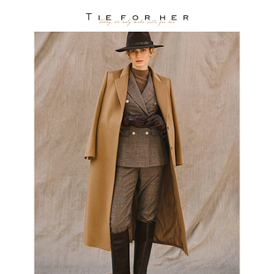 TieForHer WGC系列 白金大衣翻领单排扣羊毛羊绒H型高级感长款女