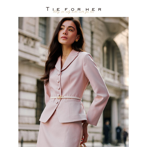 TieForHer【雾粉调】 灰粉色单排扣短外套高端通勤西装过膝半裙女
