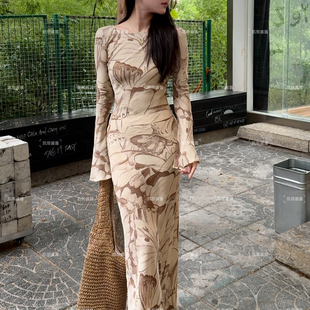 长裙海边度假修身 小众法式 蝴蝶庄园 气质收腰印花连衣裙女 原版