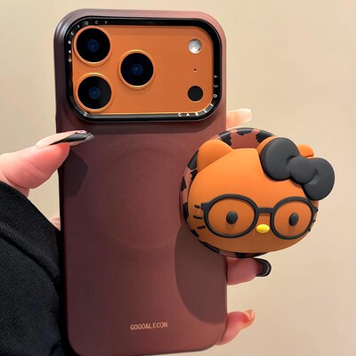 深棕凯蒂适用于苹果16pro手机壳17磨砂菲林13磁吸15pro新款支架