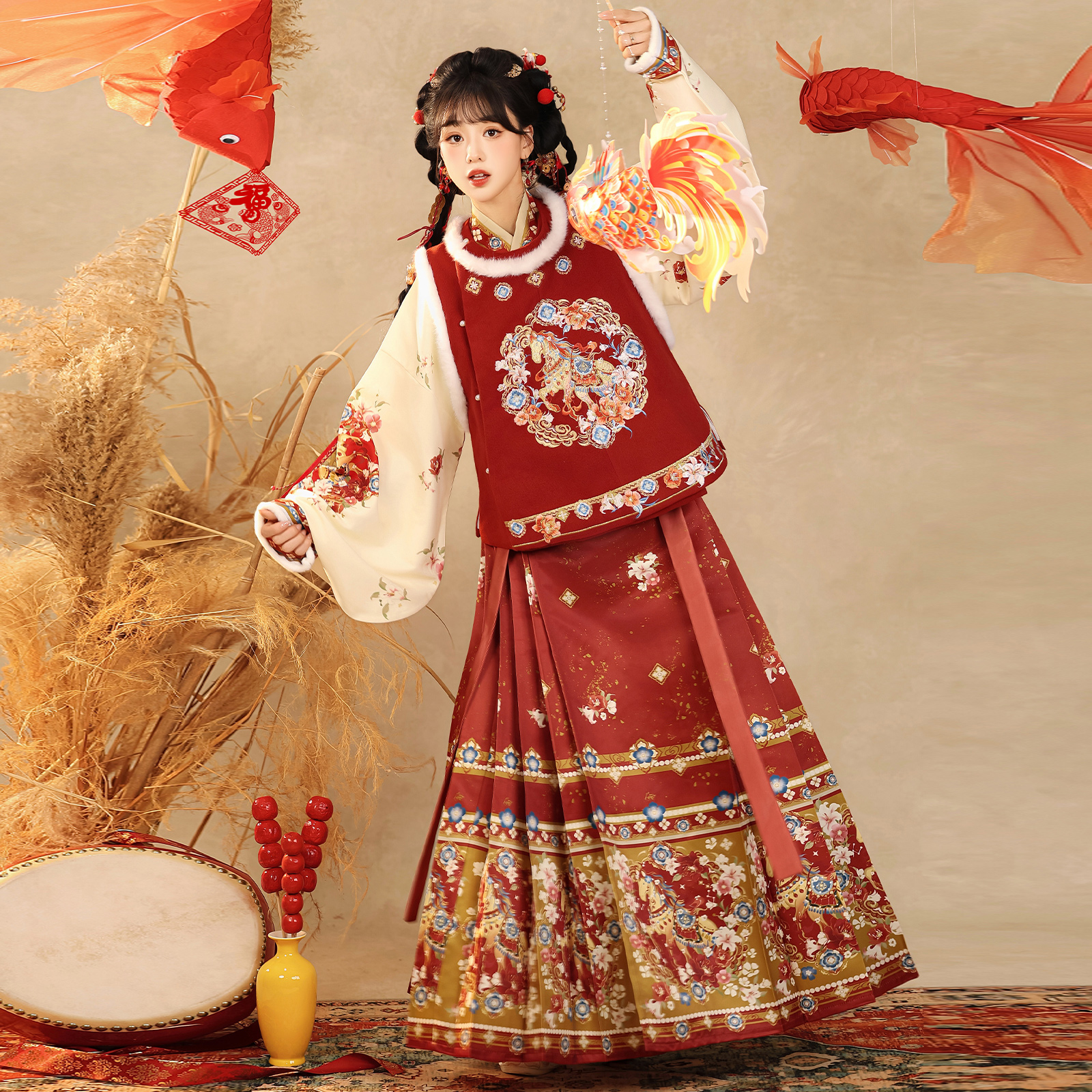 玉术【神马一线】原创汉服圆领衣马面裙女日常改良冬款拜年服马年