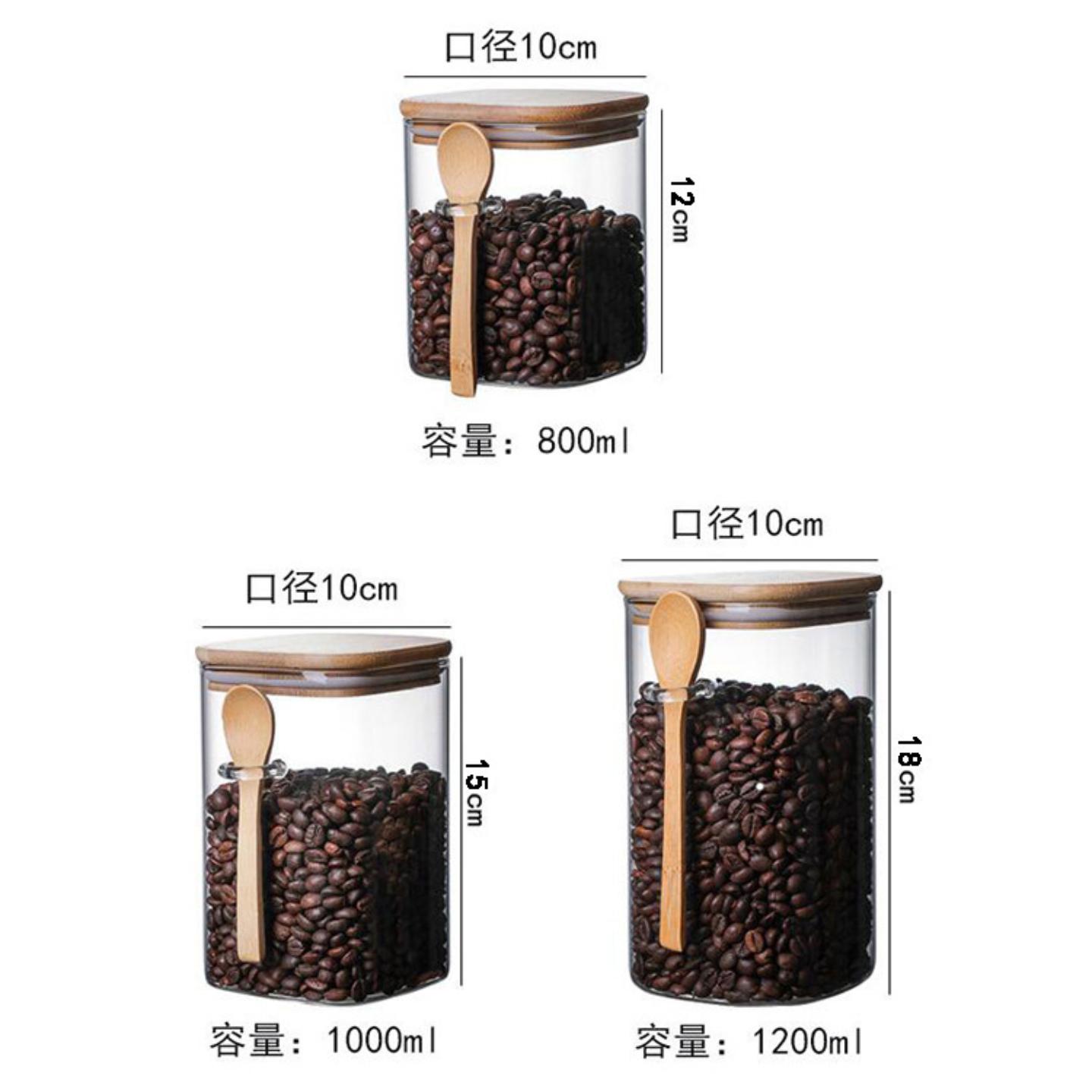 密封调料罐方形玻璃密封罐食品储物罐厨房调料盒调料罐木盖木勺调
