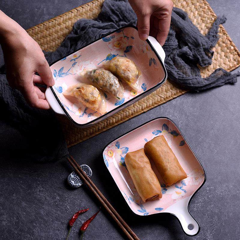 日式茶花陶瓷盘子四方形家用盘子网红餐具鱼盘子牛排糕点盘寿司盘,餐饮具,盘,淘宝优惠券,粉丝福利购,淘宝优惠卷