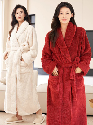 睡袍冬季女款珊瑚绒加绒加厚睡袍男高级感浴袍情侣大码长款家居服