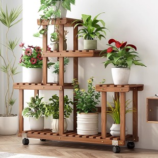 阳台花架实木花架子客厅落地式多层置物架可移动绿植多肉花盆托架