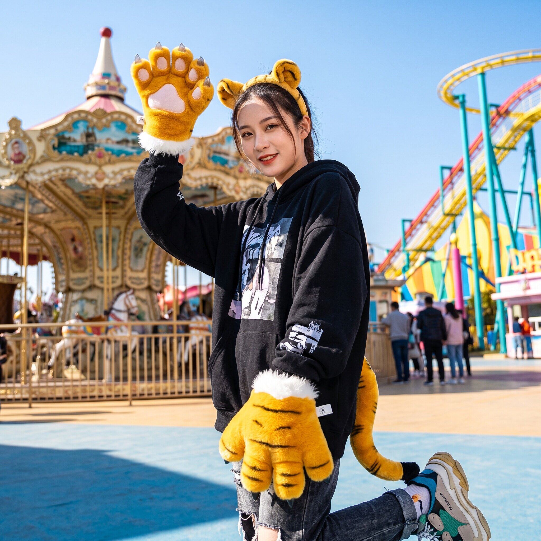 老虎动物尾巴爪子套装卡通生日趣味毛绒恐龙表演狮子礼物儿童节
