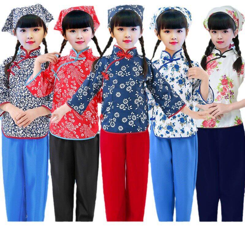 新款六一儿童村姑采茶服秧歌服女舞蹈农民阿庆嫂碎花表演出服装