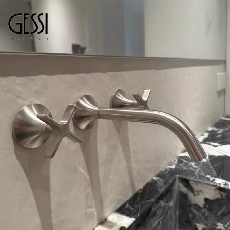 意大利GESSI水龙头枪灰色嵌入墙式艺术三孔暗装面盆龙头极简风格