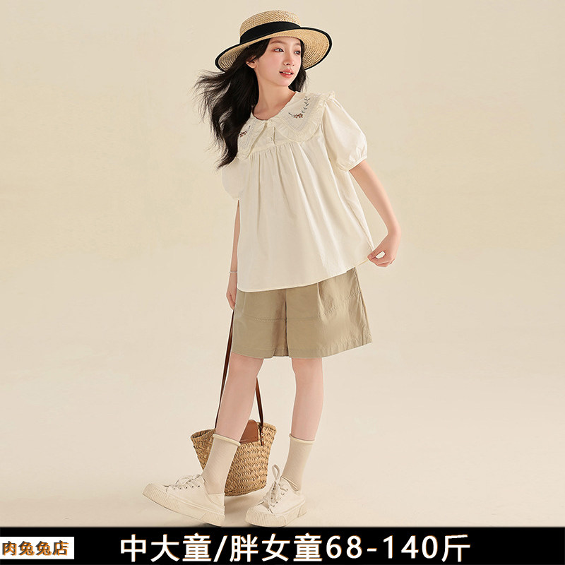 女童套装夏装加大码加肥胖女大童儿童休闲运动短裤两件套胖女孩装