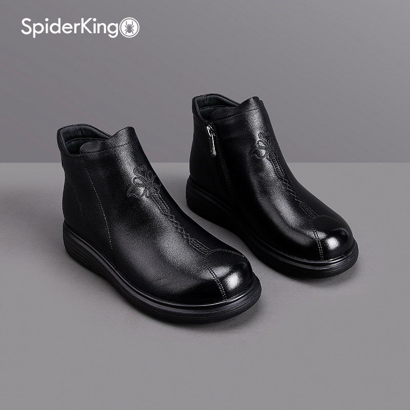 蜘蛛王真皮高帮棉鞋女2025年冬季加绒保暖妈妈鞋中老年平底马丁靴,女鞋,马丁靴,淘宝优惠券,粉丝福利购,淘宝优惠卷