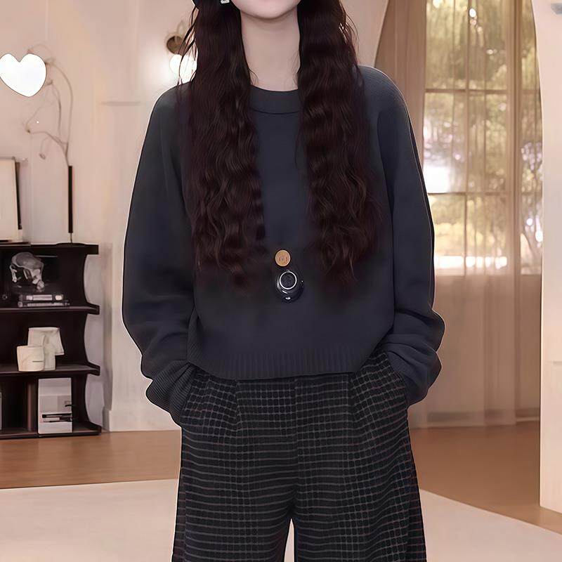 ROUMIKL圆领休闲软糯毛衣女冬季新款慵懒上衣宽松显瘦套头长袖短