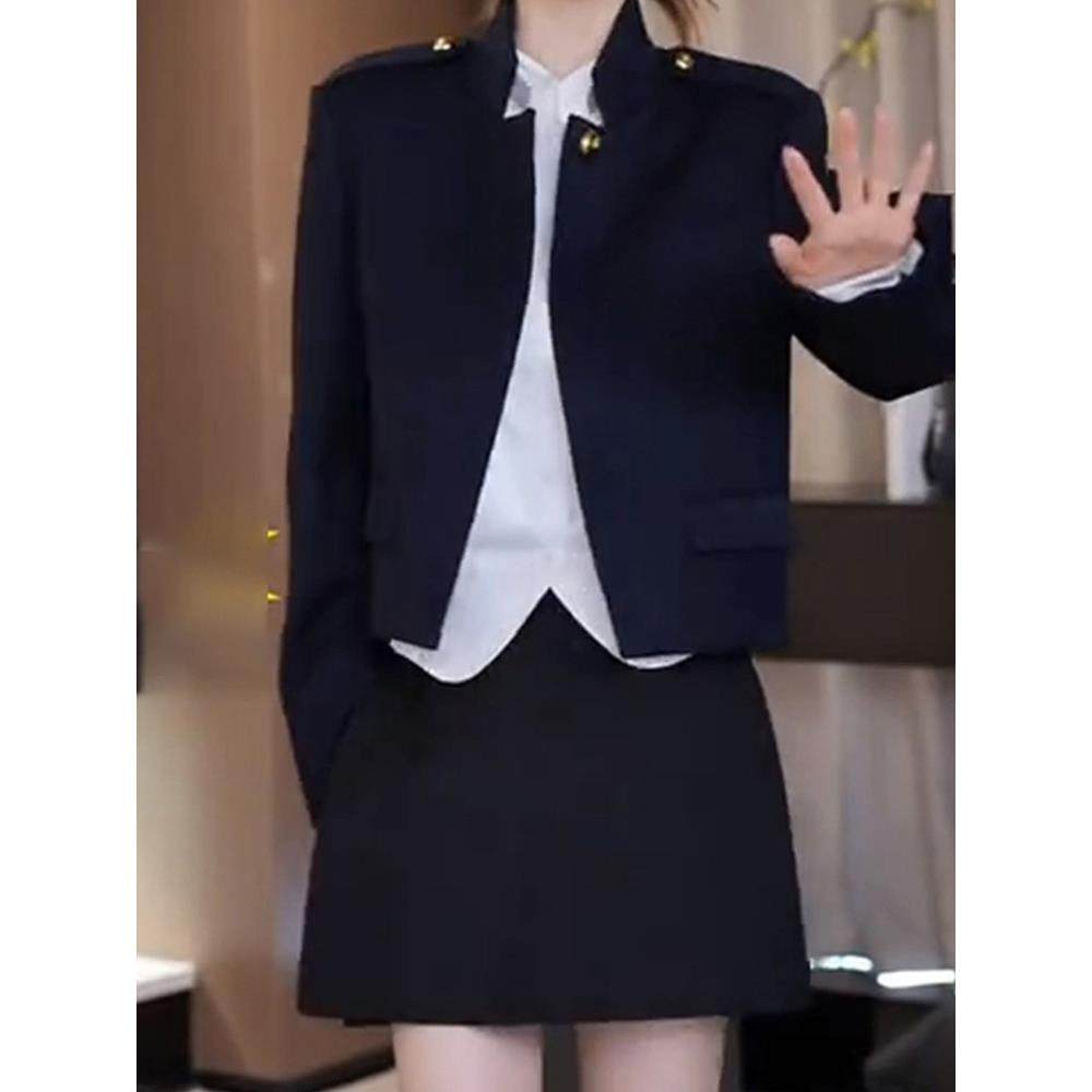 ROUMIKL藏青色独特设计感外套女秋季2025年新款半开襟一粒扣立领