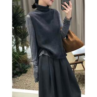 ROUMIKL韩系设计感高领针织马甲两件套女款春秋季新款盐系叠穿打