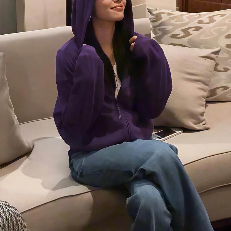 ROUMIKL韩版休闲百搭酱紫色连帽拉链卫衣女秋季新款垂感显瘦通勤
