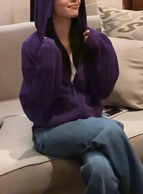 ROUMIKL韩版休闲百搭酱紫色连帽拉链卫衣女秋季新款垂感显瘦通勤