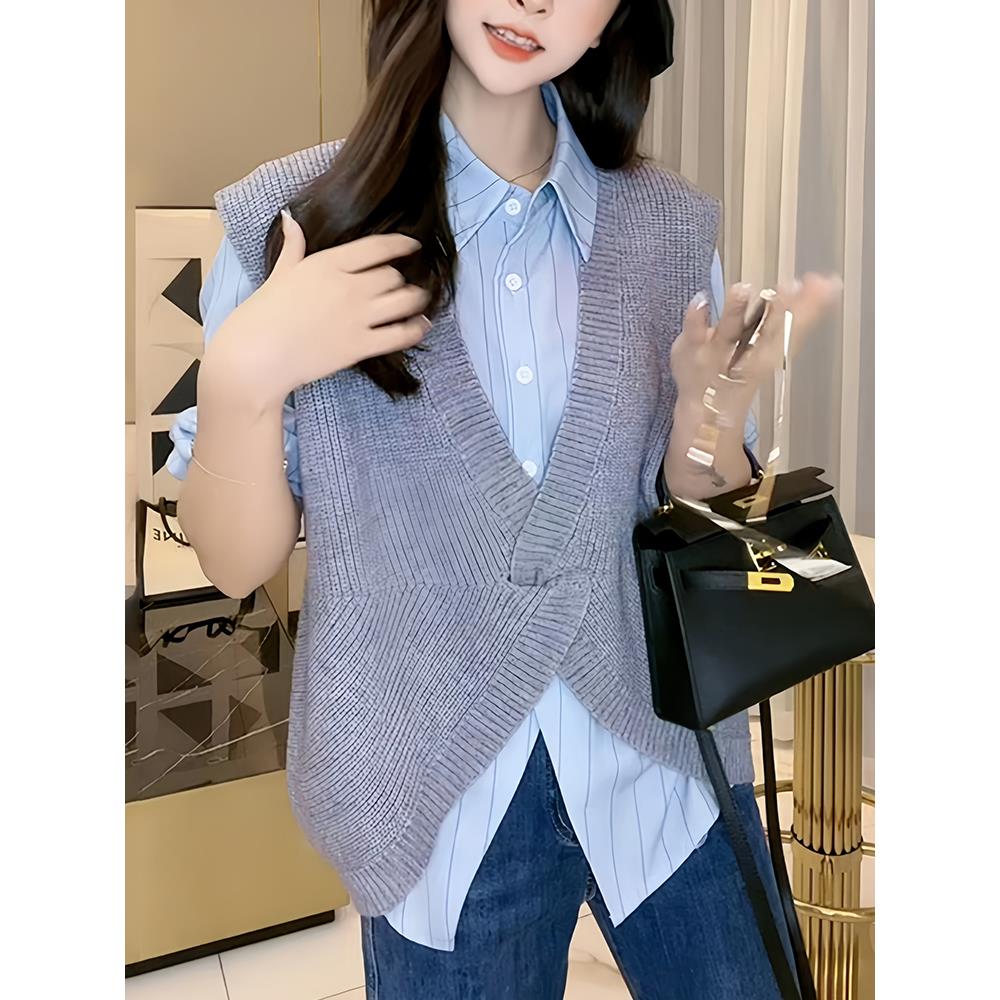 ROUMIKL韩系灰色v领针织马甲背心女2025年早秋外搭叠穿衬衫毛衣上