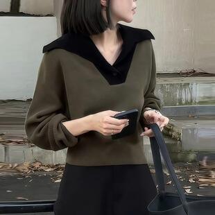 ROUMIKL法式大翻领拼色短款毛衣女2025秋季设计感宽松内搭打底针