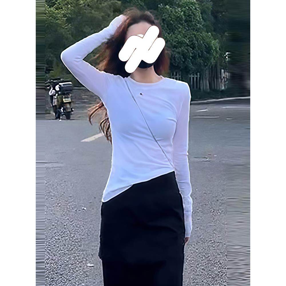 ROUMIKL圆领修身显瘦长袖T恤高腰直筒半身裙女秋季新款气质轻熟两