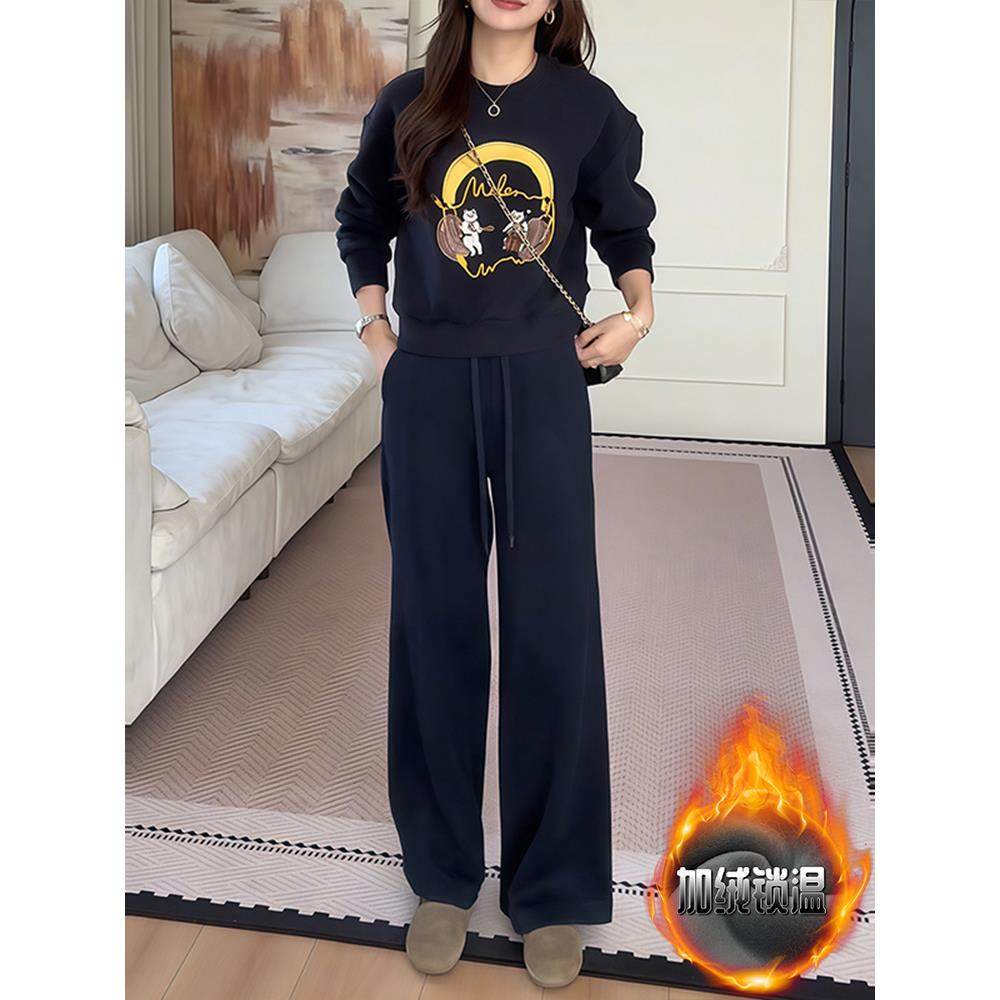 ROUMIKL运动时尚休闲减龄小个子套装气质洋气百搭网红印花加绒卫