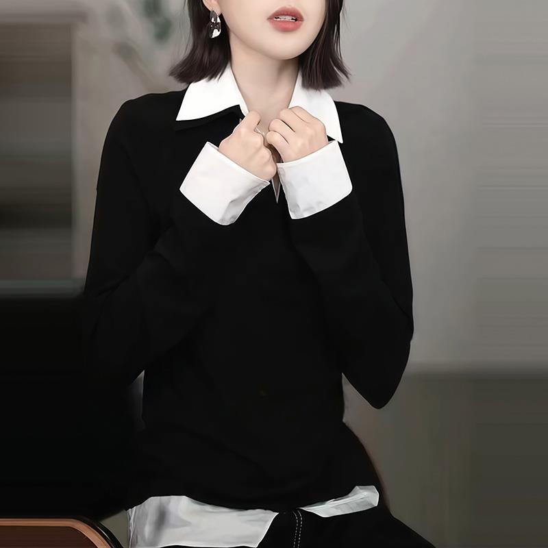 ROUMIKL秋冬新款翻领撞色拼接时尚长袖衬衣女装别致修身显瘦减龄