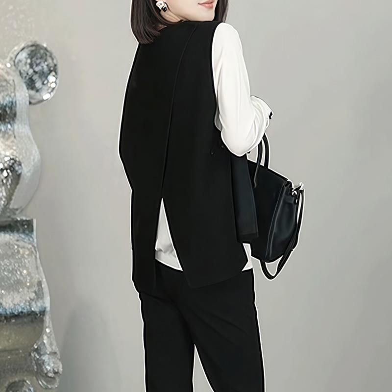 ROUMIKL不规则设计感无袖马甲女休闲显瘦长袖圆领内搭上衣洋气穿