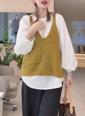 ROUMIKL针织吊带背心韩系一整套ootd穿搭秋季长袖白色衬衫上衣