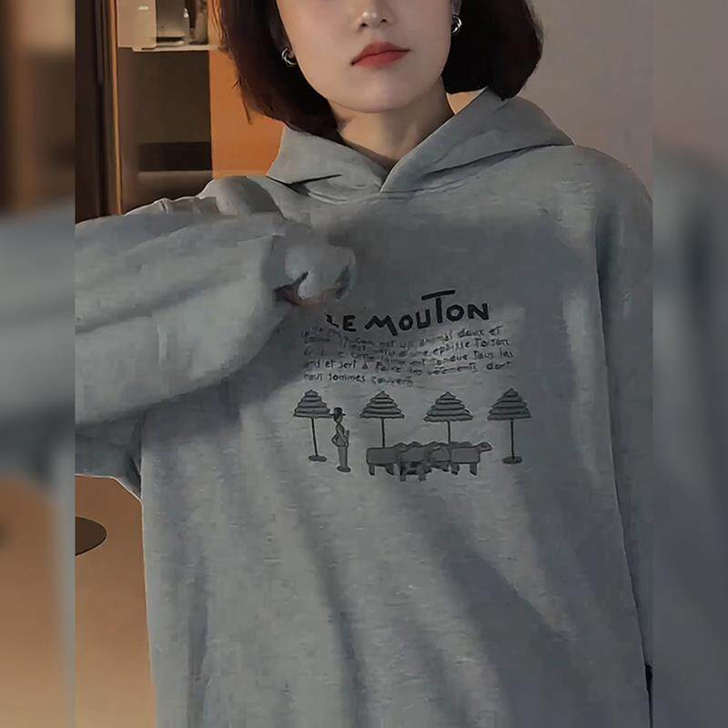 ROUMIKL灰色美式套头加绒加厚连帽卫衣冬季款2025新款帽衫宽松上