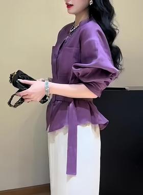 ROUMIKL法式时尚高级感气质简约紫色衬衫女2025秋季流行设计感长
