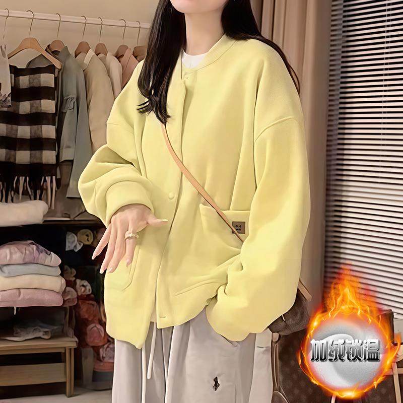 ROUMIKL加绒卫衣黄色棒球领开衫短外套女秋冬新款单排扣夹克百搭