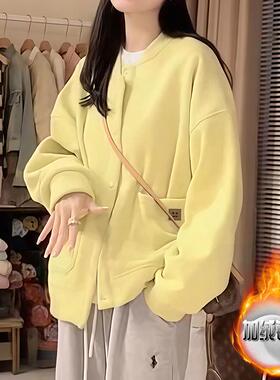ROUMIKL加绒卫衣黄色棒球领开衫短外套女秋冬新款单排扣夹克百搭