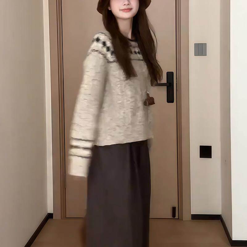 ROUMIKL韩系复古软糯费尔岛套头毛衣女秋冬慵懒高级感宽松内搭打