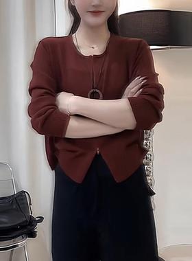 ROUMIKL设计感小众红色圆领长袖T恤女2025秋季新款拉链针织开衫百