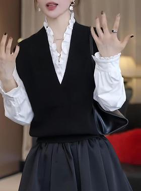 ROUMIKL时尚白色衬衫套装女针织马甲2025年秋季新款独特设计感减