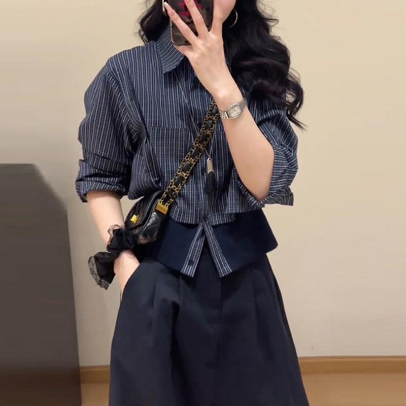 ROUMIKL时尚洋气拼接假两件上衣女2025秋季新款Polo领小众长袖格