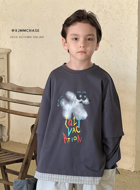 虾酱麻麻男童纯棉长袖T恤秋冬装2025新款上衣灰色卡通儿童装体恤