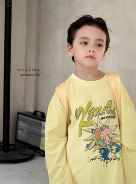 虾酱麻麻男童纯棉长袖t恤秋冬装2025新款上衣黄色卡通儿童装体恤