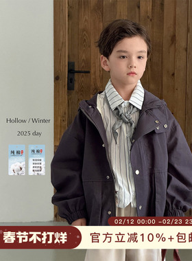 虾酱麻麻男童棉服冬装2025新款男孩上衣灰色洋气连帽儿童装派克服