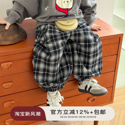 虾酱麻麻撞色格子休闲裤