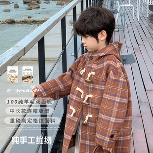 虾酱麻麻男童秋冬羊毛双面呢外套2025新款儿童中大童保暖连帽大衣