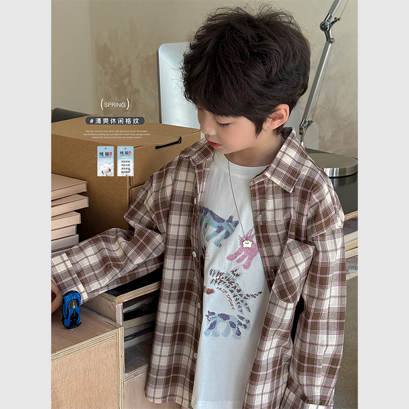 虾酱麻麻纯棉撞色格子衬衫