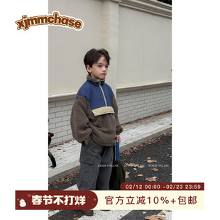 虾酱麻麻男童羊羔毛外套冬季2025新款男孩衣服保暖撞色儿童装上衣