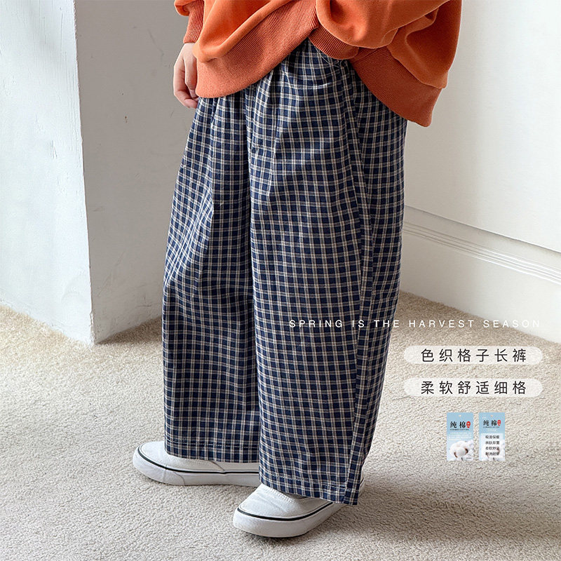 虾酱麻麻男童纯棉裤子春秋装2026新款男孩长裤撞色格子儿童休闲裤