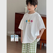 虾酱麻麻男童纯棉短袖 体恤 上衣白色卡通儿童半袖 t恤夏装 2025新款