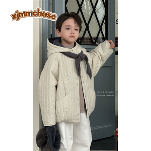 虾酱麻麻男童棉服冬装 男孩格子棉袄洋气保暖儿童连帽外套 2025新款