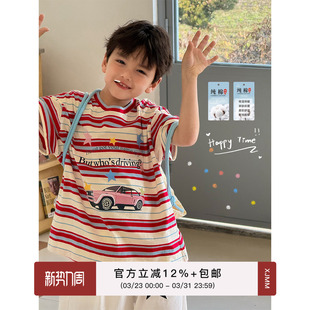 虾酱麻麻男童纯棉短袖t恤夏装2026新款上衣条纹圆领卡通儿童体恤